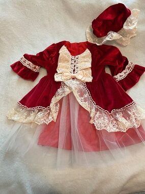Girls' Red Velvet Lace Costume Dress with Matching Cap